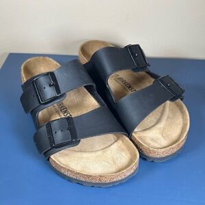 Birkenstock Black Strap Sandals with Tan Footbed